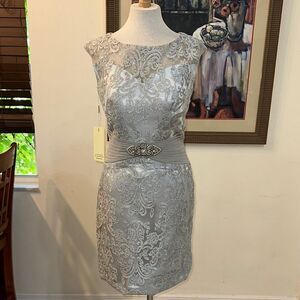 NWT Jaeden Elegant Silver Lace/Crystal Dress w/ Sheer Matching Cover Size 12